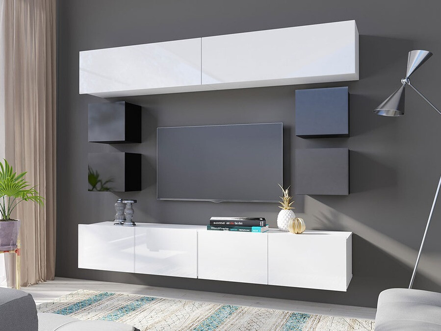 Set za dnevnu sobu Tivdalu 134 (Crno + Crna visoki sjaj + Belo + Sjajno belo)