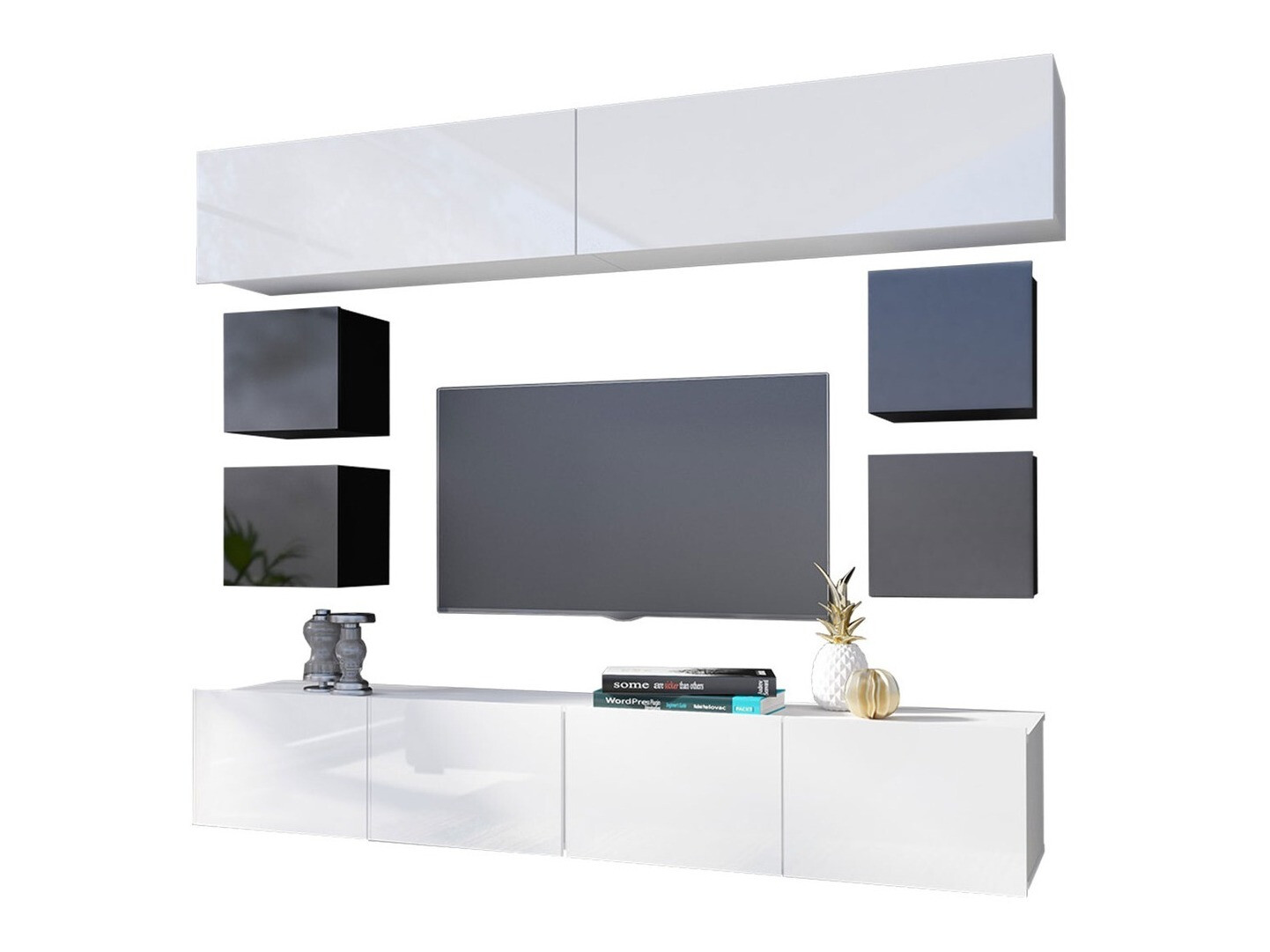 Set za dnevnu sobu Tivdalu 134 (Crno + Sjajno crna + Belo + Sjajno belo)