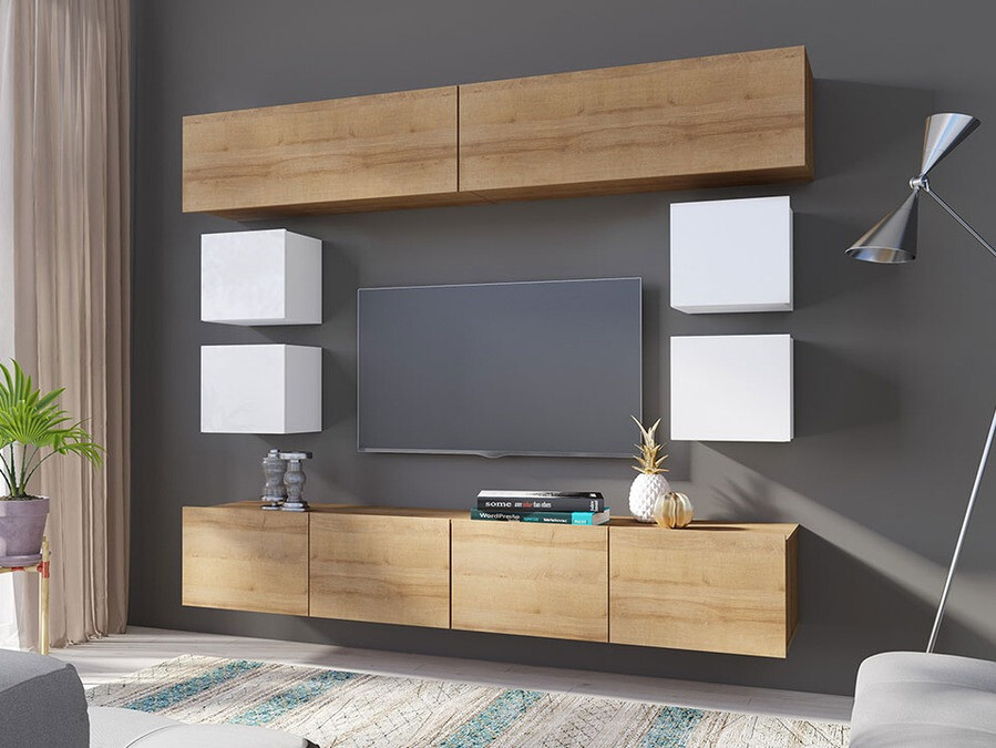 Set za dnevnu sobu Tivdalu 134 (Zlatni hrast + Belo + Sjajno belo)