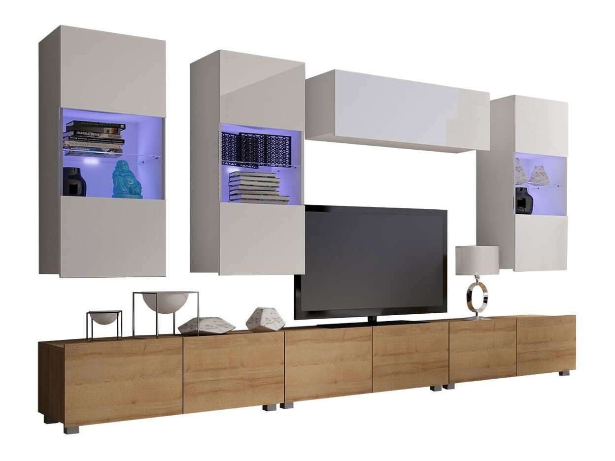 Set za dnevnu sobu Remus XI (Zlatni hrast + Belo + Sjajno belo)