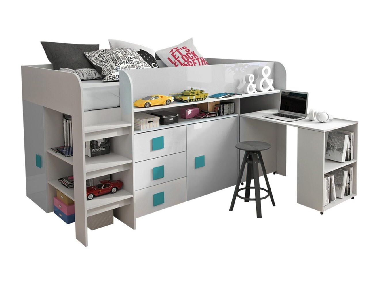 Krevet Hartford 190 (Belo + Sjajno belo + sjajni Tirkizna)