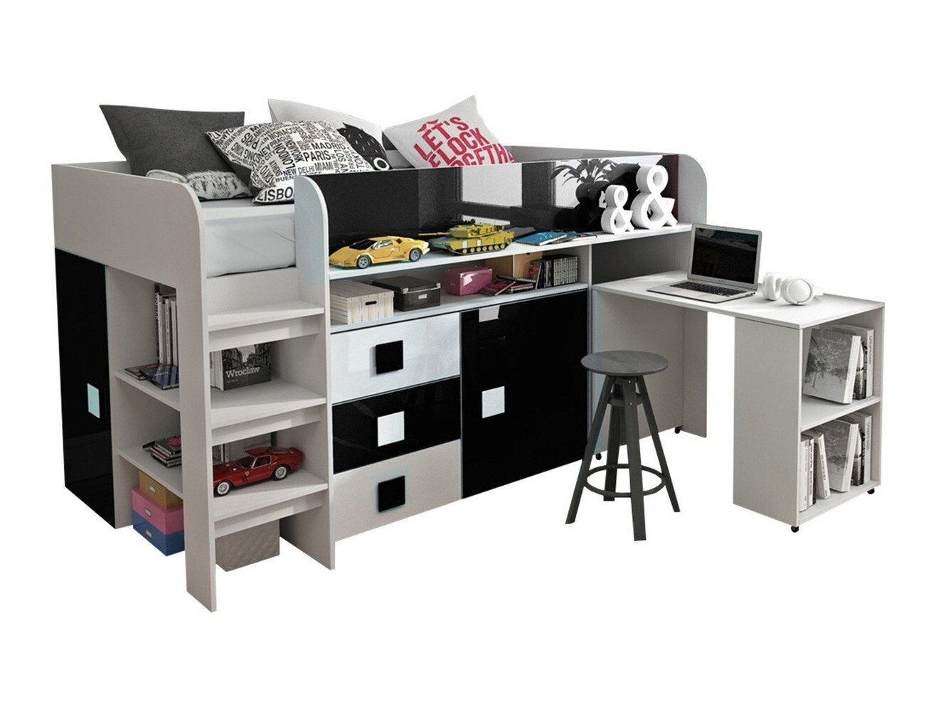 Krevet Hartford 190 (Belo + Sjajno crna + Sjajno belo)