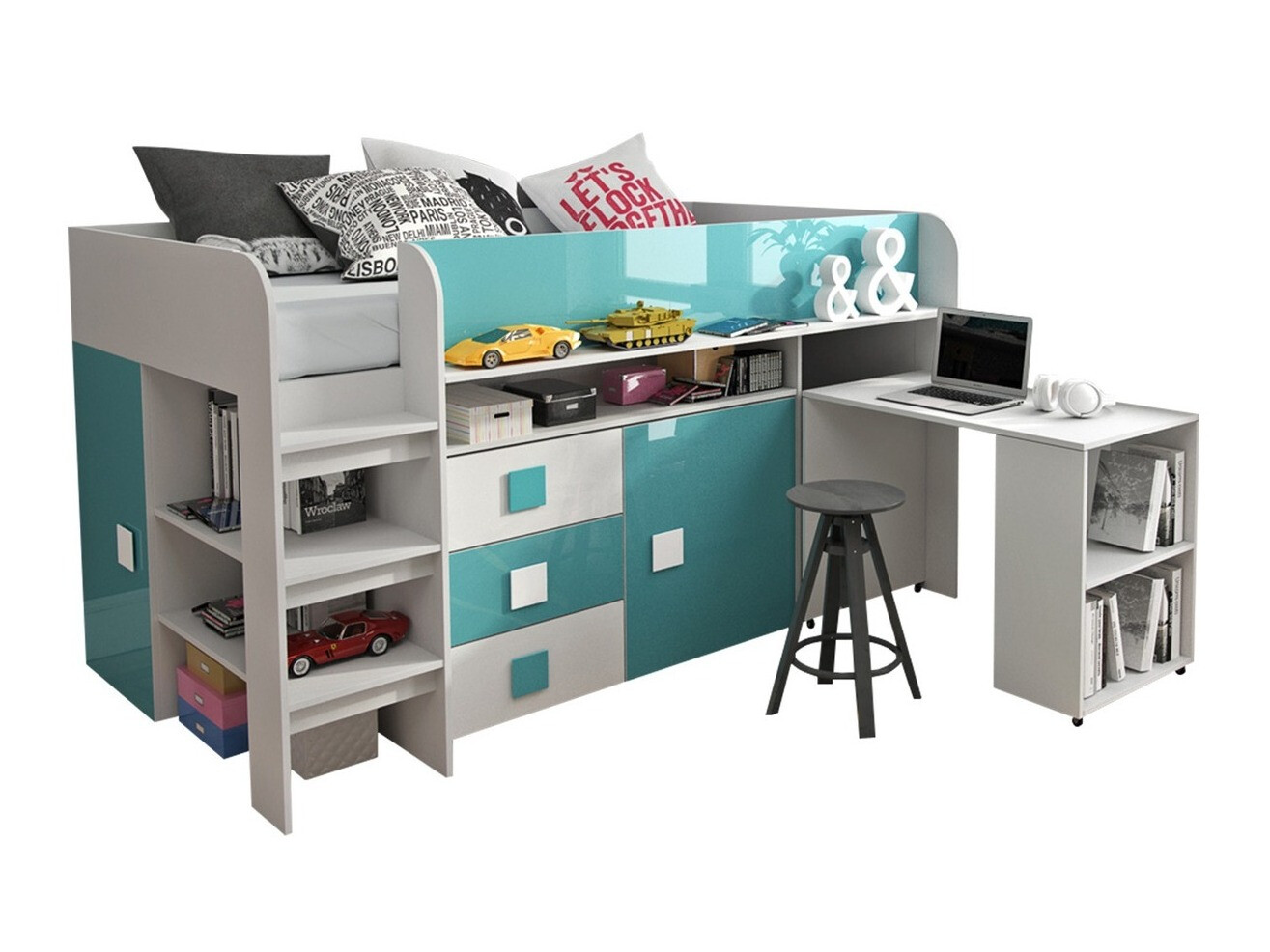 Krevet Hartford 190 (Belo + visoki sjaj Tirkizna + Sjajno belo)