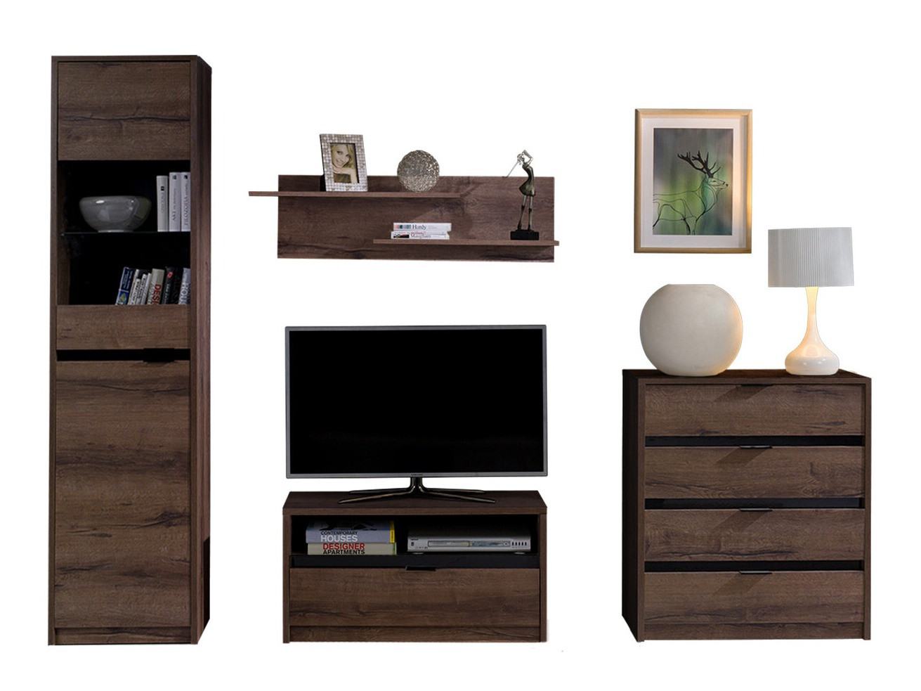 Set za dnevnu sobu Fivelbo 115 (Manastirski hrast + Sjajno crna)