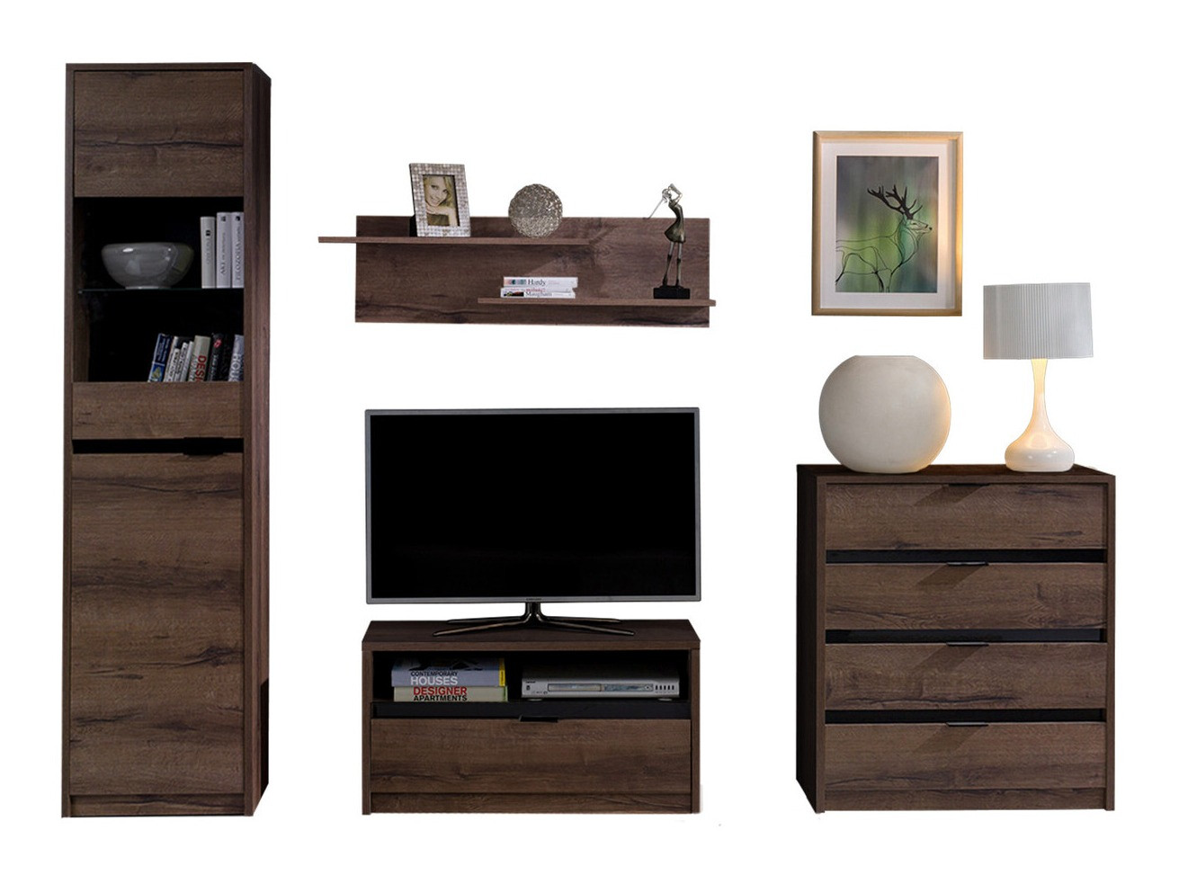 Set za dnevnu sobu Fivelbo 115 (Manastirski hrast + Sjajno crna)