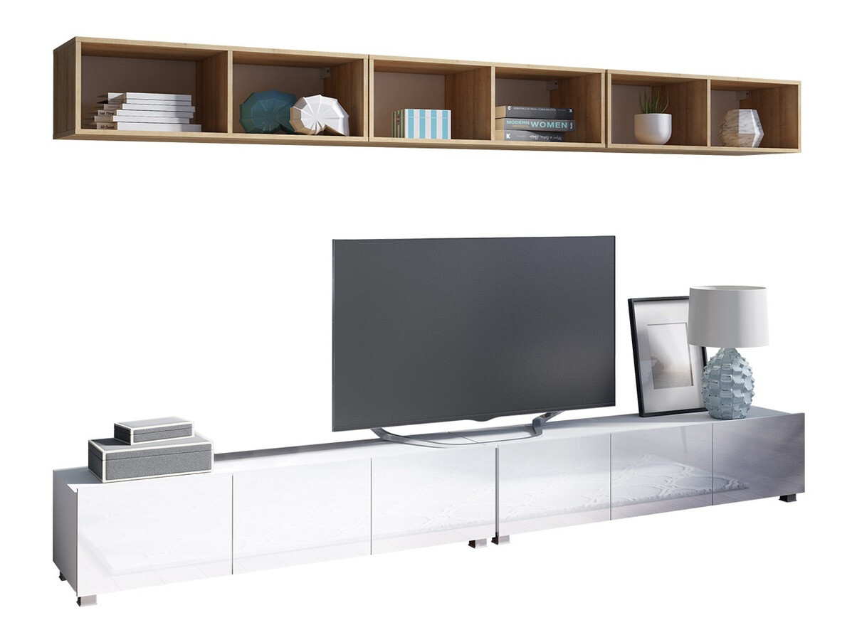 Set za dnevnu sobu Tivdalu 153 (Belo + Sjajno belo + Zlatni hrast)