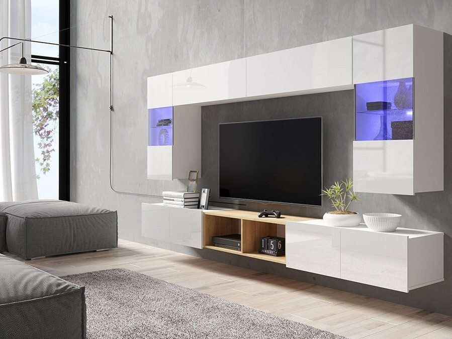 Set za dnevnu sobu Remus XXIV (Belo + Sjajno belo + Zlatni hrast)