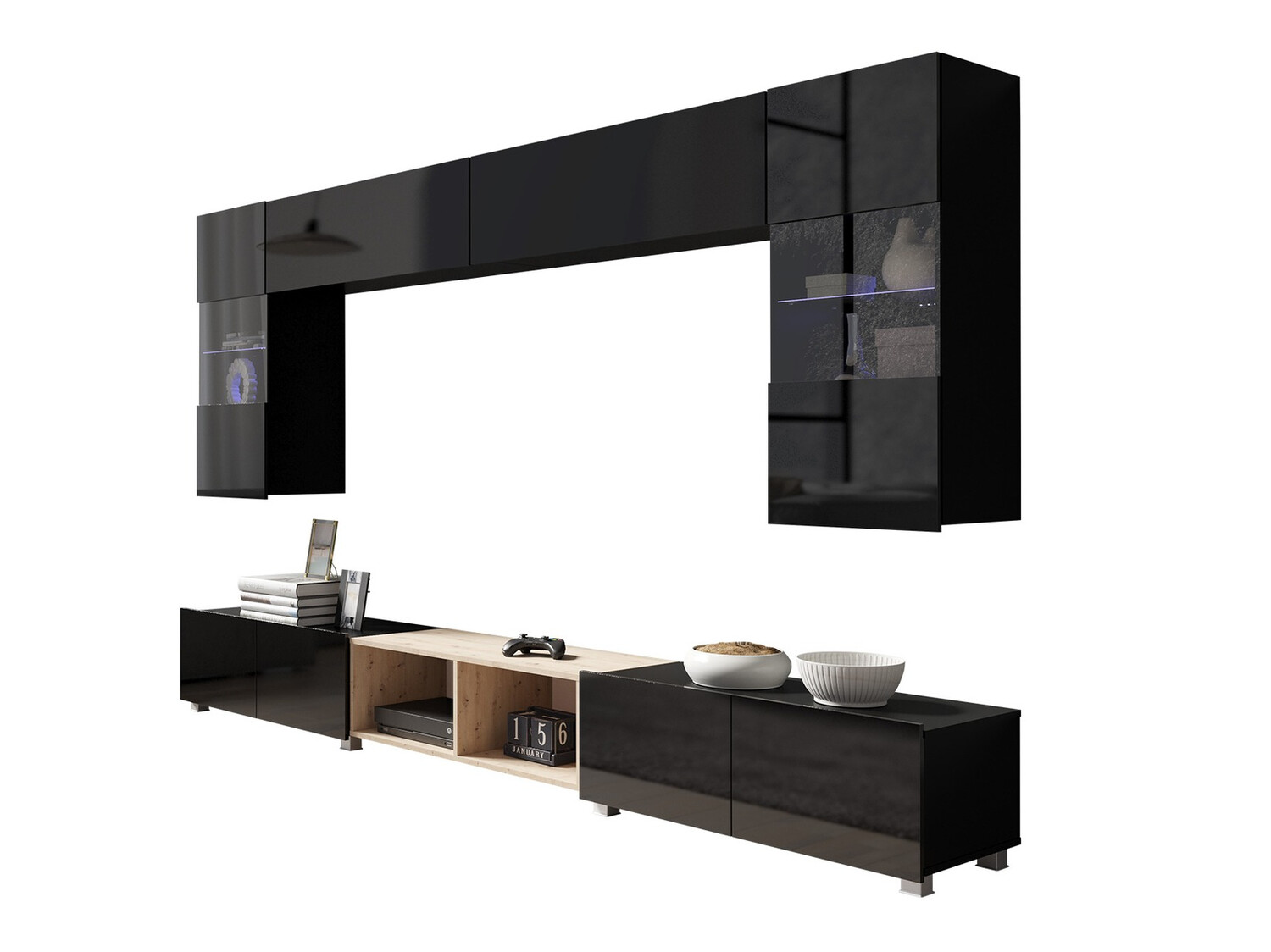 Set za dnevnu sobu Remus XXIV (Crno + Sjajno crna + Artisan hrast)