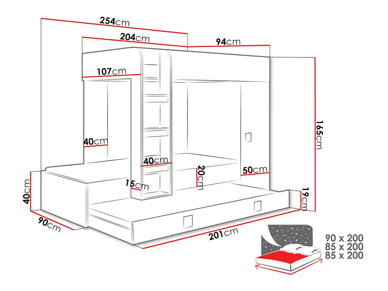 Krevet na sprat Hartford 191 (Belo + Sjajno crna + Sjajno belo)