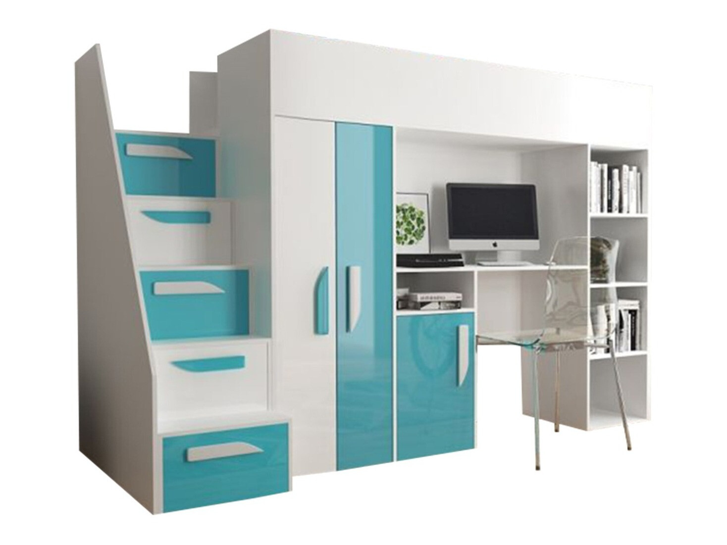 Krevet na sprat Hartford 192 (Belo + Sjajni Tirkizna + Sjajno belo)