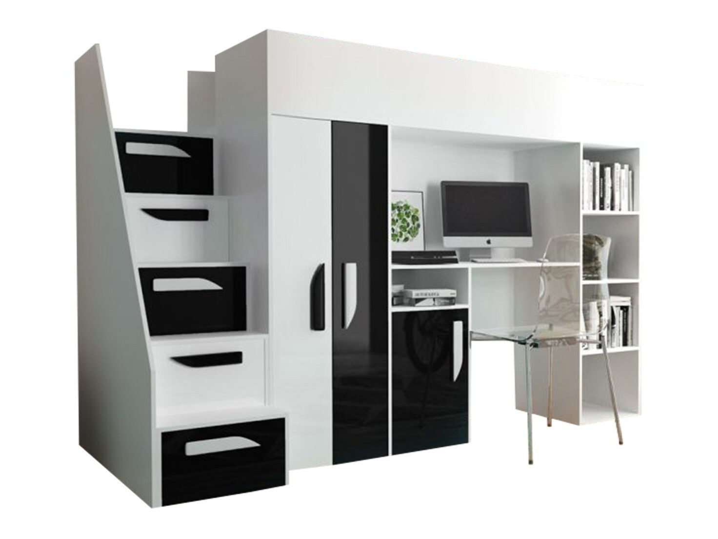 Krevet na sprat Hartford 192 (Belo + Sjajno crna + Sjajno belo)