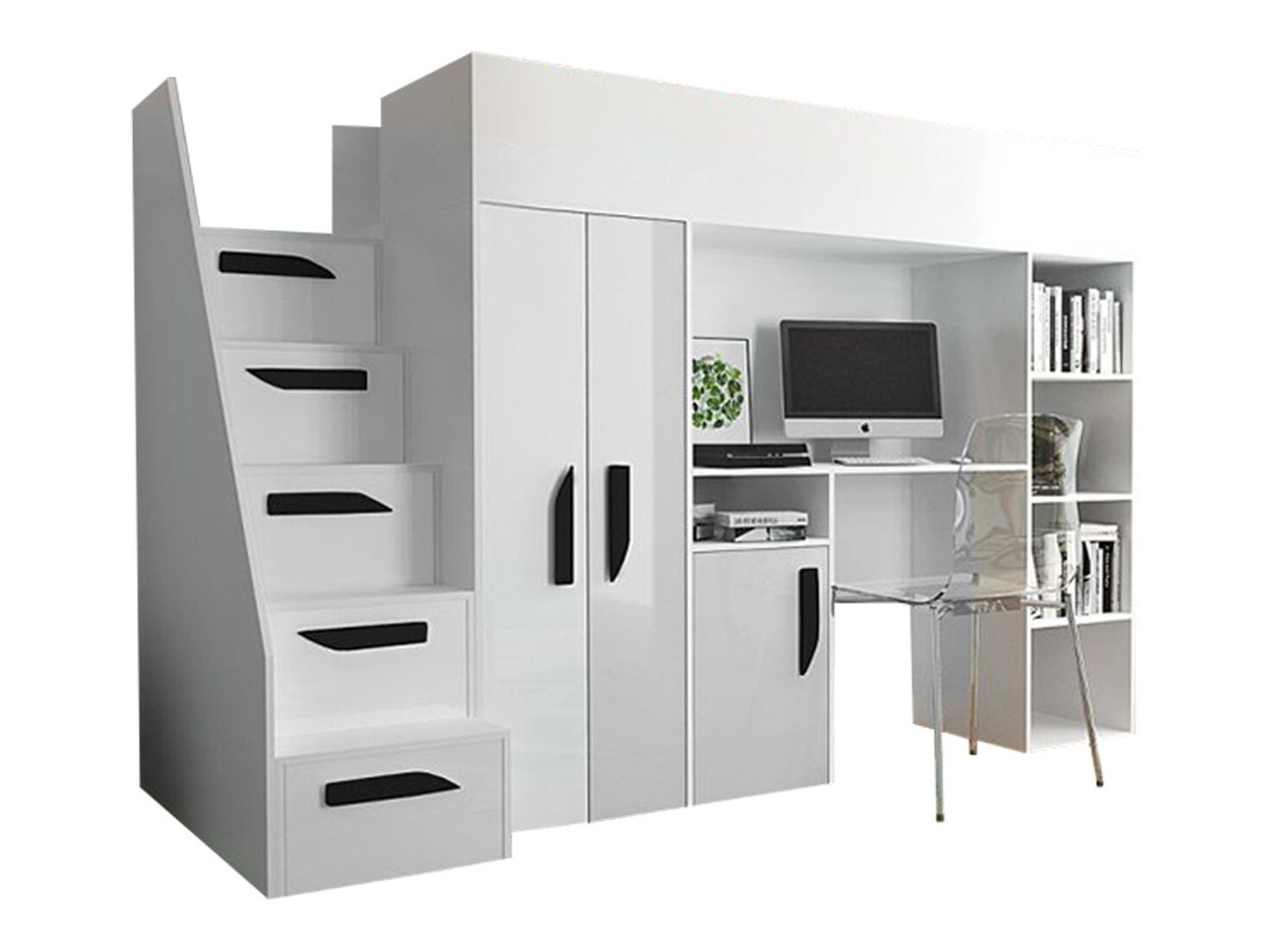 Izdignuti krevet Hartford 192 (Belo + Sjajno belo + Crna visoki sjaj)