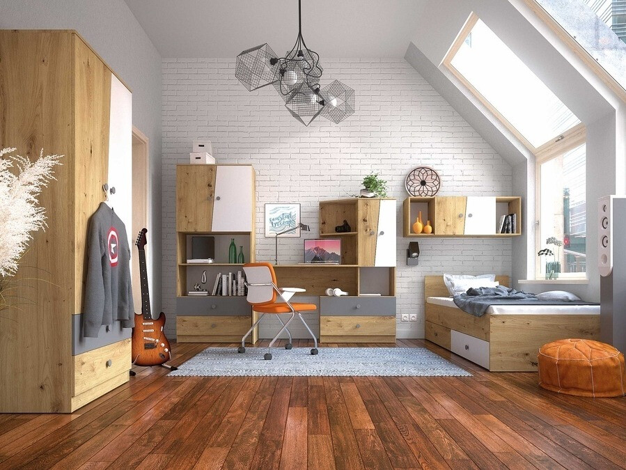 Krevet Mirelbu 112 (Artisan hrast + Belo + Crno)