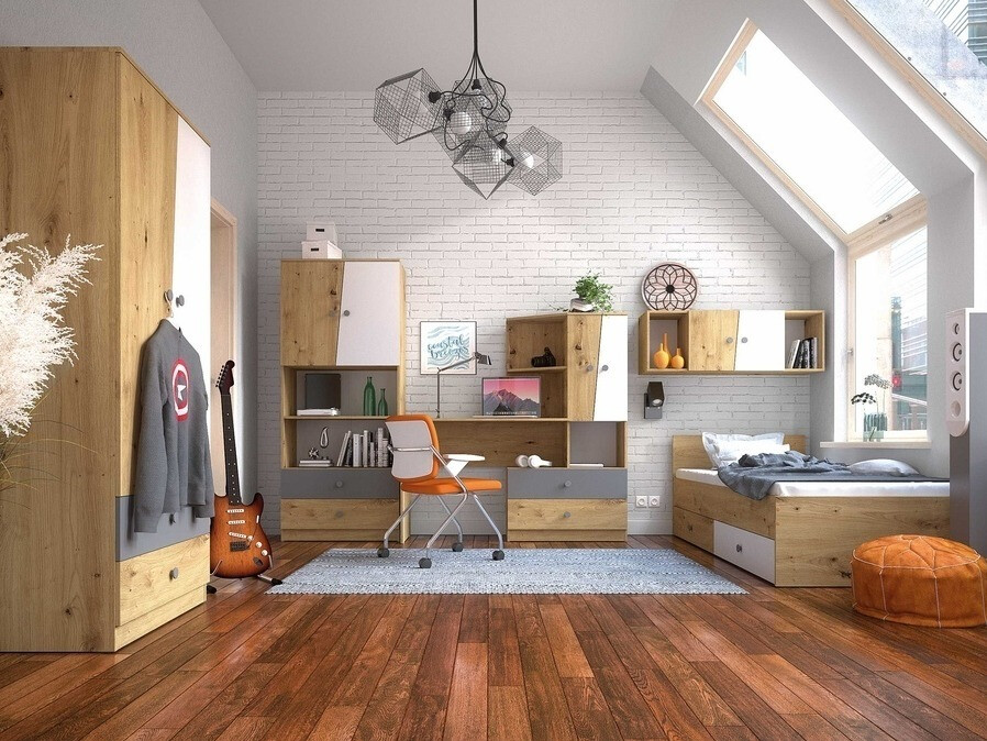 Krevet Mirelbu 112 (Artisan hrast + Sjajno belo + Crno)