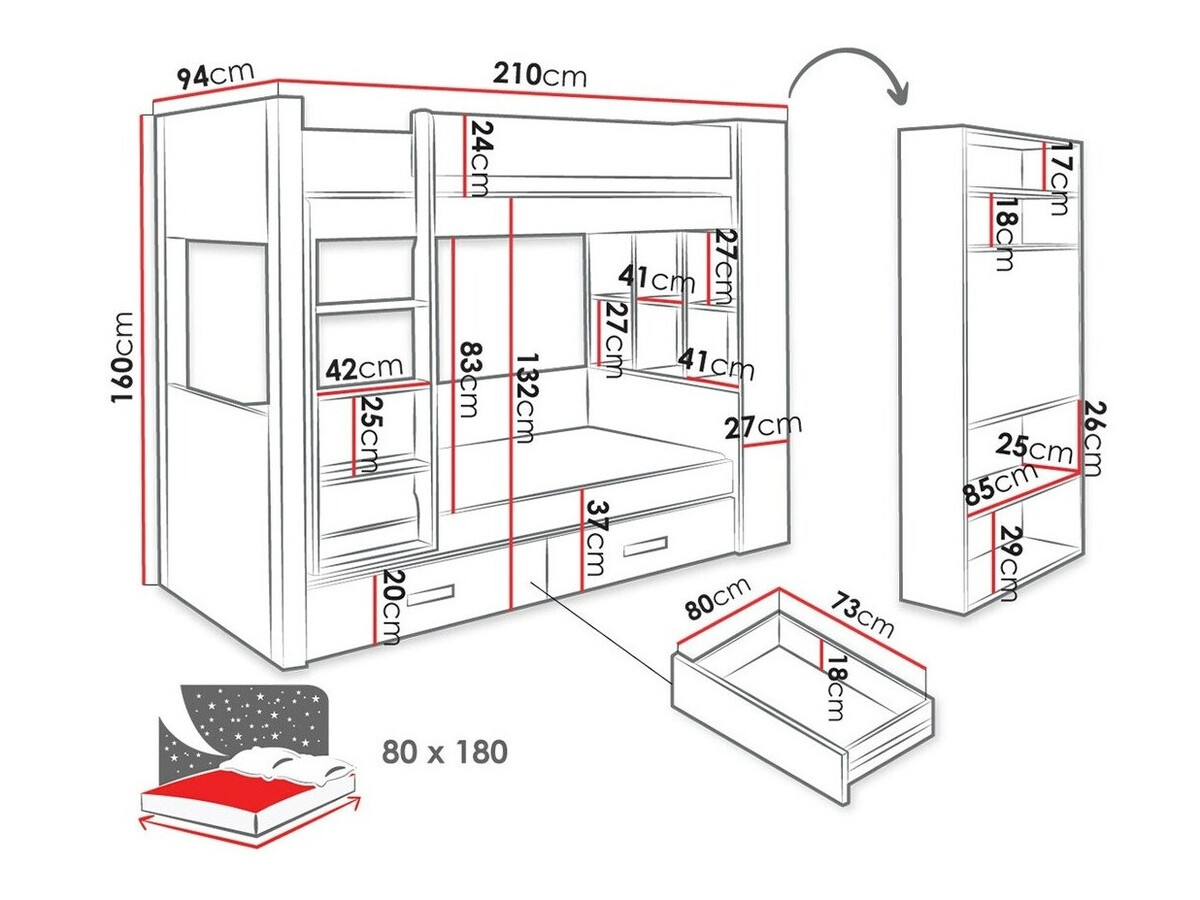 Krevet na sprat Henderson 141 (Belo + Tamno Zebrano)