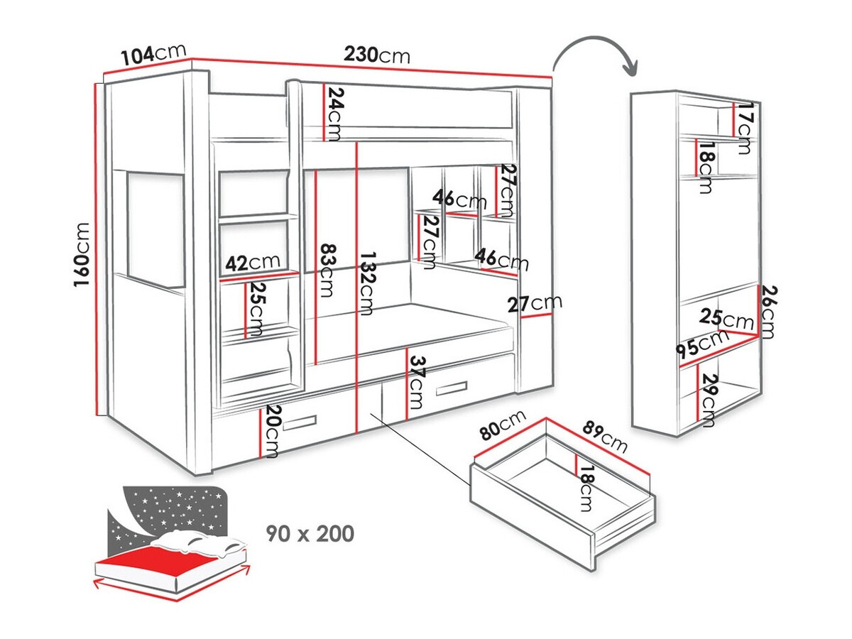 Krevet na sprat Henderson 142 (Belo + Tamno Zebrano)