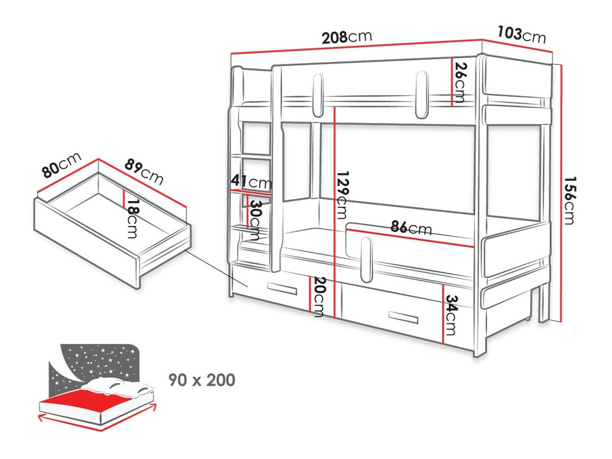 Krevet na sprat Henderson 144 (Belo + Sivo)