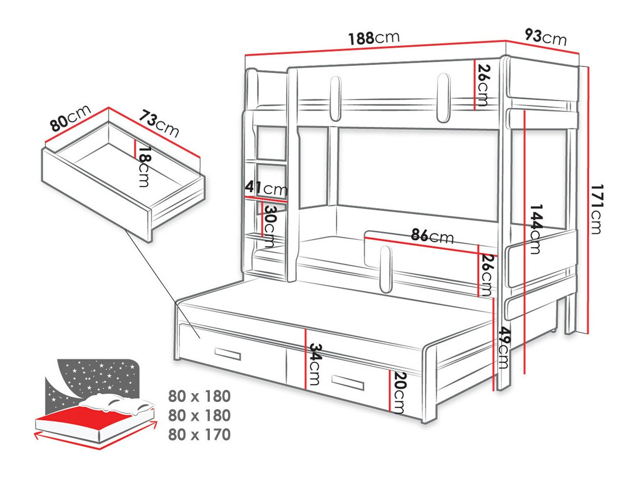 Krevet na sprat Henderson 145 (Belo + Hrast)