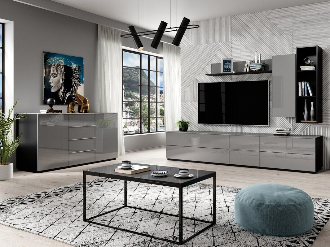 TV komoda Fervese 112 (Crno + Sjajna siva)