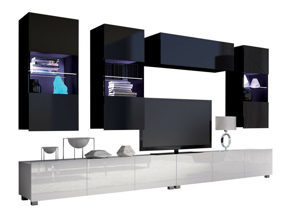 Set za dnevnu sobu Tivdalu 109 (Belo + Sjajno belo + Crno + Crna visoki sjaj)