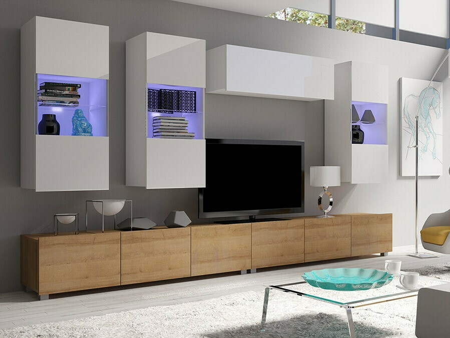 Set za dnevnu sobu Tivdalu 109 (Zlatni hrast + Belo + Sjajno belo)