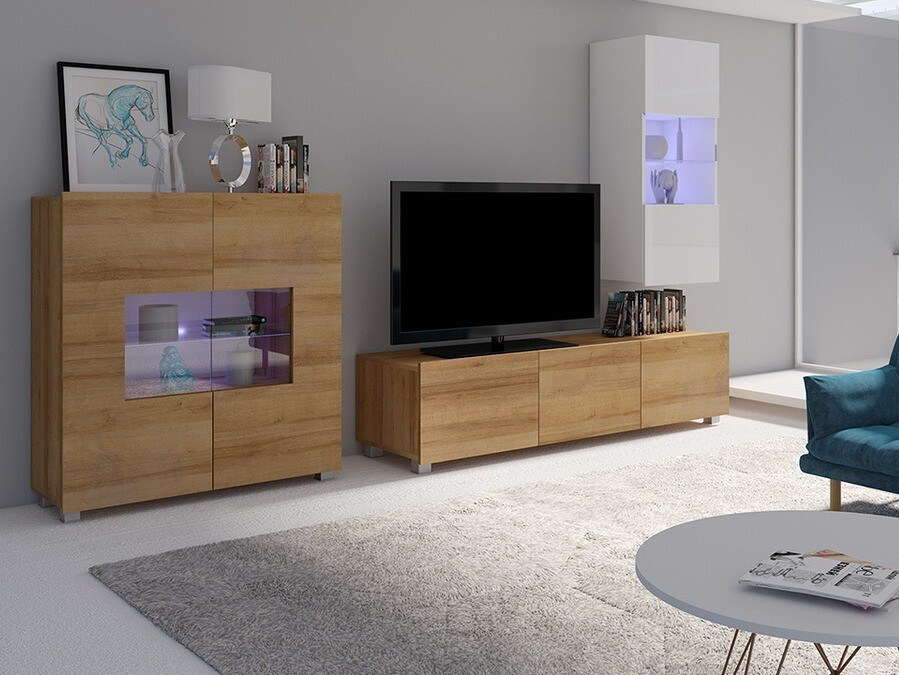 Set za dnevnu sobu Tivdalu 111 (Zlatni hrast + Belo + Sjajno belo)