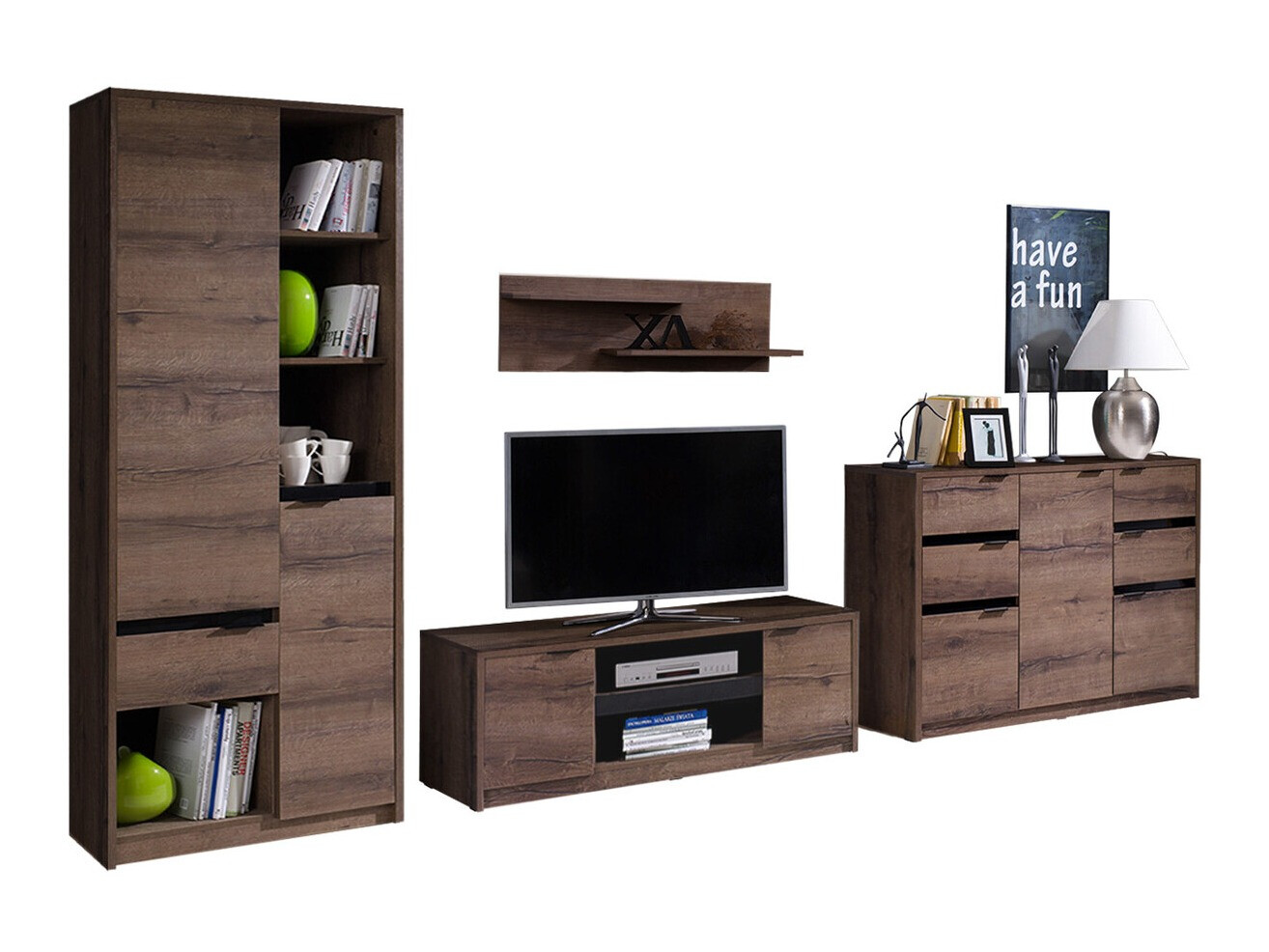 Set za dnevnu sobu Fivelbo 117 (Manastirski hrast + Sjajno crna)