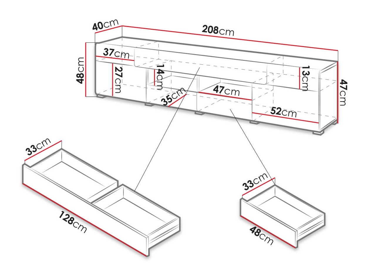 TV komoda Torsone 113 (Belo + Sjajno belo + Hrast San Remo)