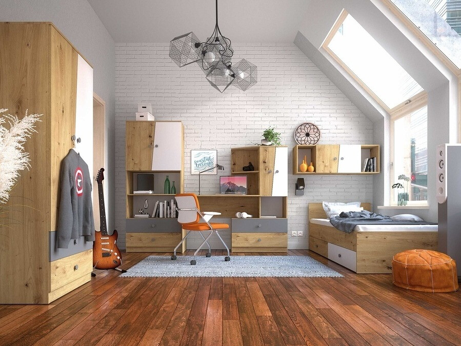Kancelarijski sto Mirelbu 110 (Artisan hrast + Sjajno belo + Sjajno crna)
