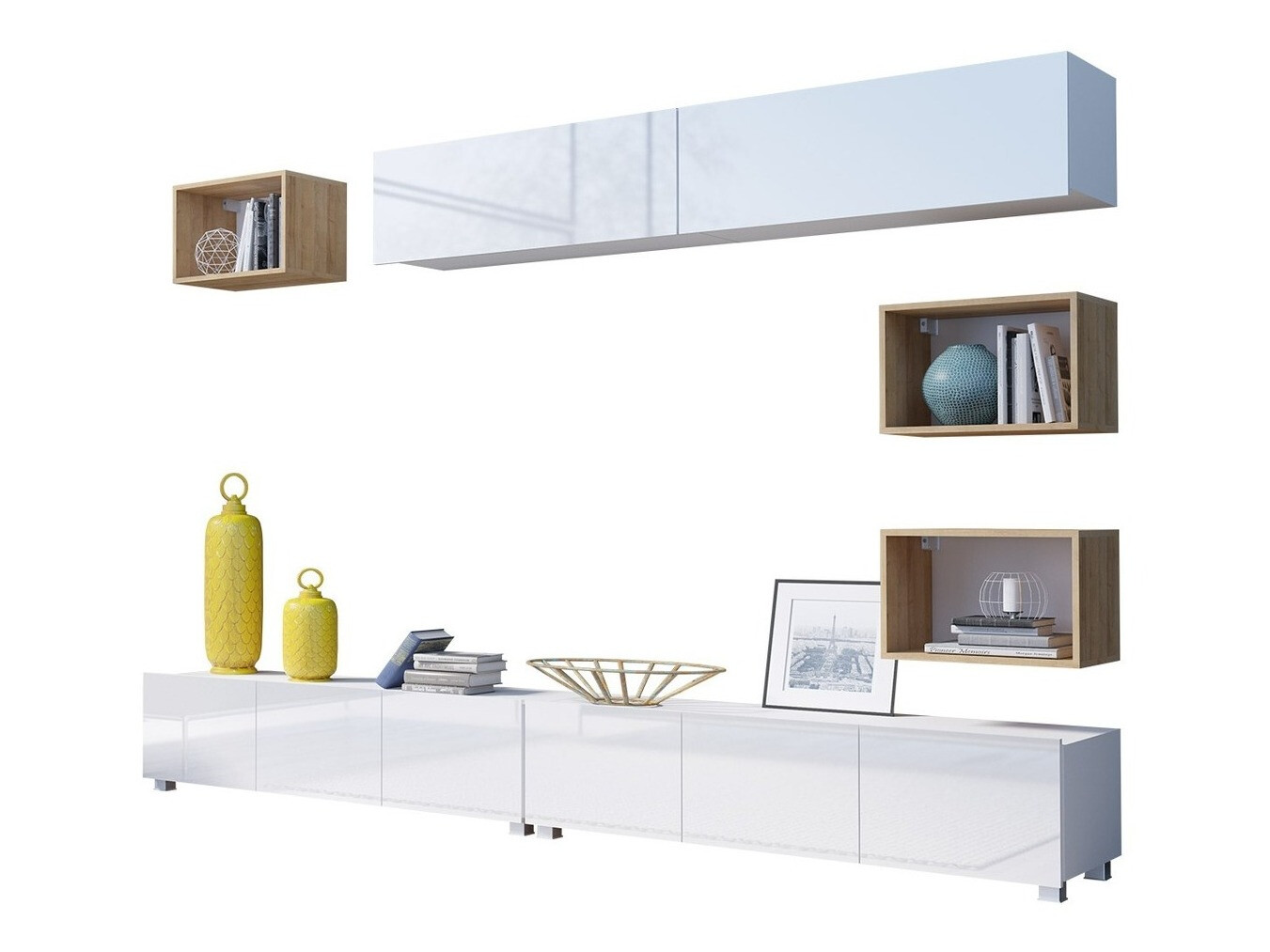 Set za dnevnu sobu Tivdalu 151 (Belo + Sjajno belo + Zlatni hrast)