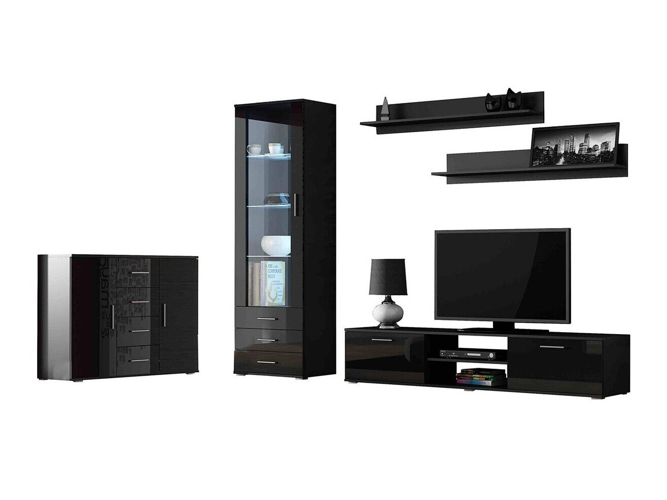 Set za dnevnu sobu Tornola 108 (Crno + Crna visoki sjaj)