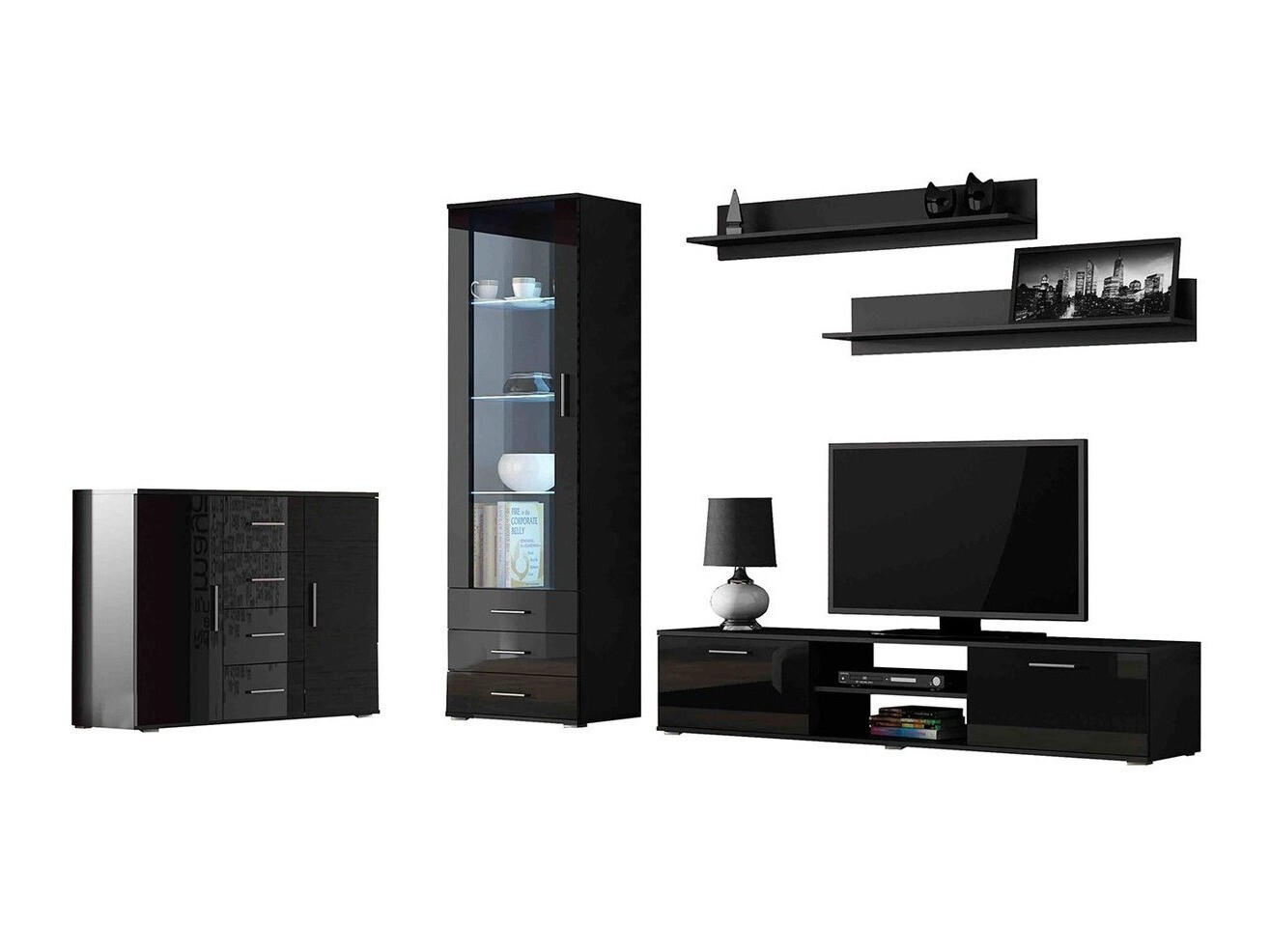 Set za dnevnu sobu Tornola 108 (Crno + Crna visoki sjaj)