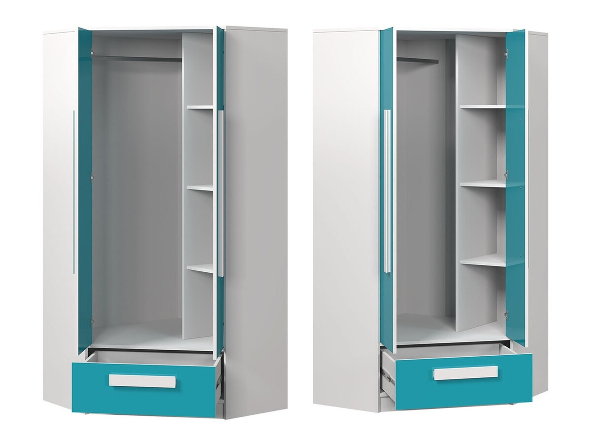 Ugaoni ormar Merevari 103 (Belo + Visoki sjaj Tirkizna)