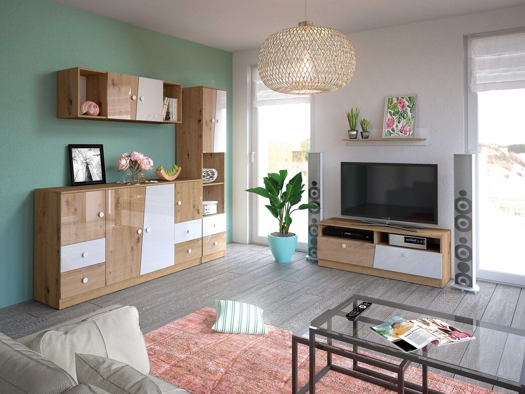 Komoda Mirelbu 105 (Artisan hrast + Sjajno belo + Sjajno crna)
