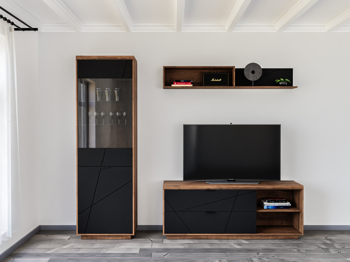 Set za dnevnu sobu Fivale 113 (Tamni Delano hrast + Mat crna)