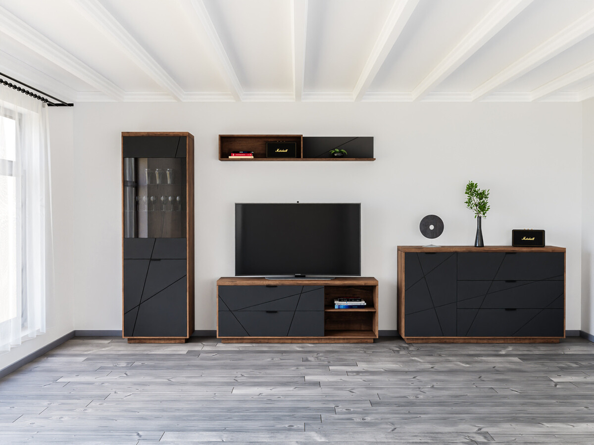 Set za dnevnu sobu Fivale 114 (Tamni Delano hrast + Mat crna)