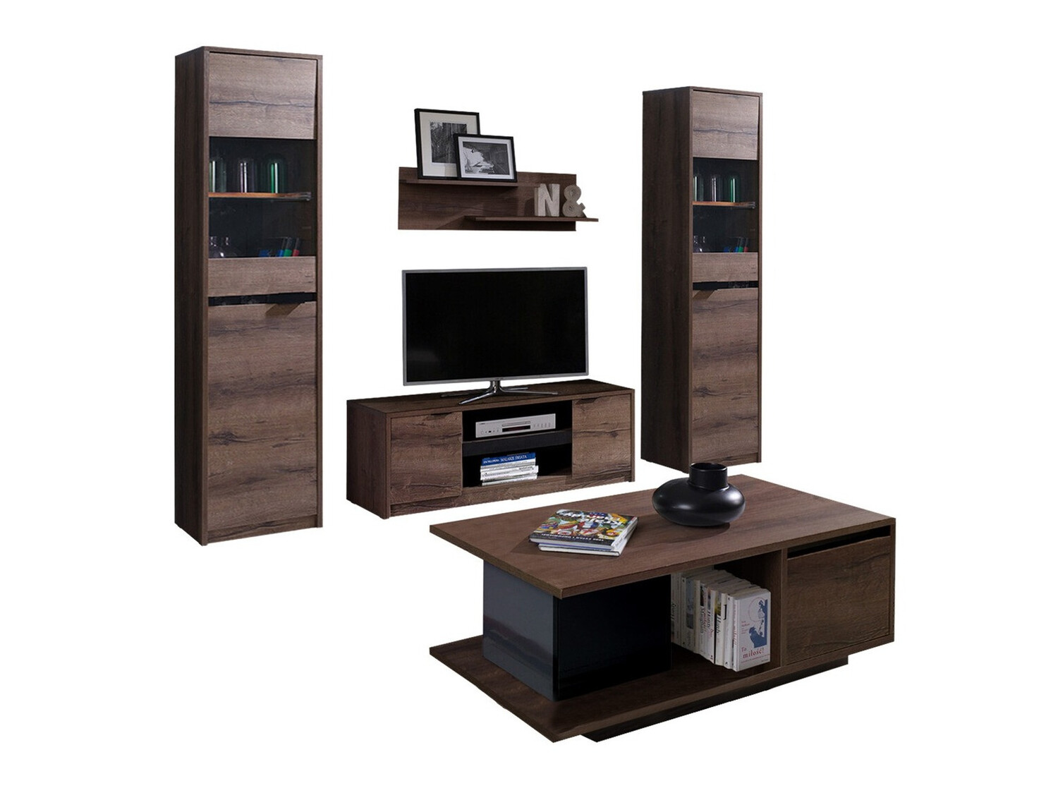 Set za dnevnu sobu Fivelbo 114 (Manastirski hrast + Crna visoki sjaj)