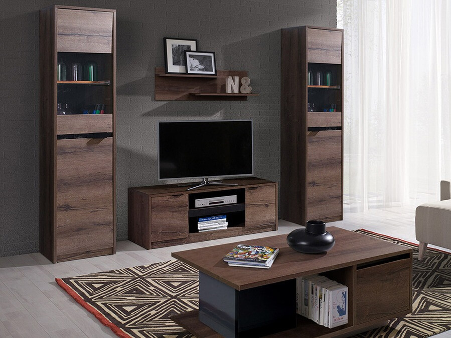 Set za dnevnu sobu Fivelbo 114 (Manastirski hrast + Crna visoki sjaj)