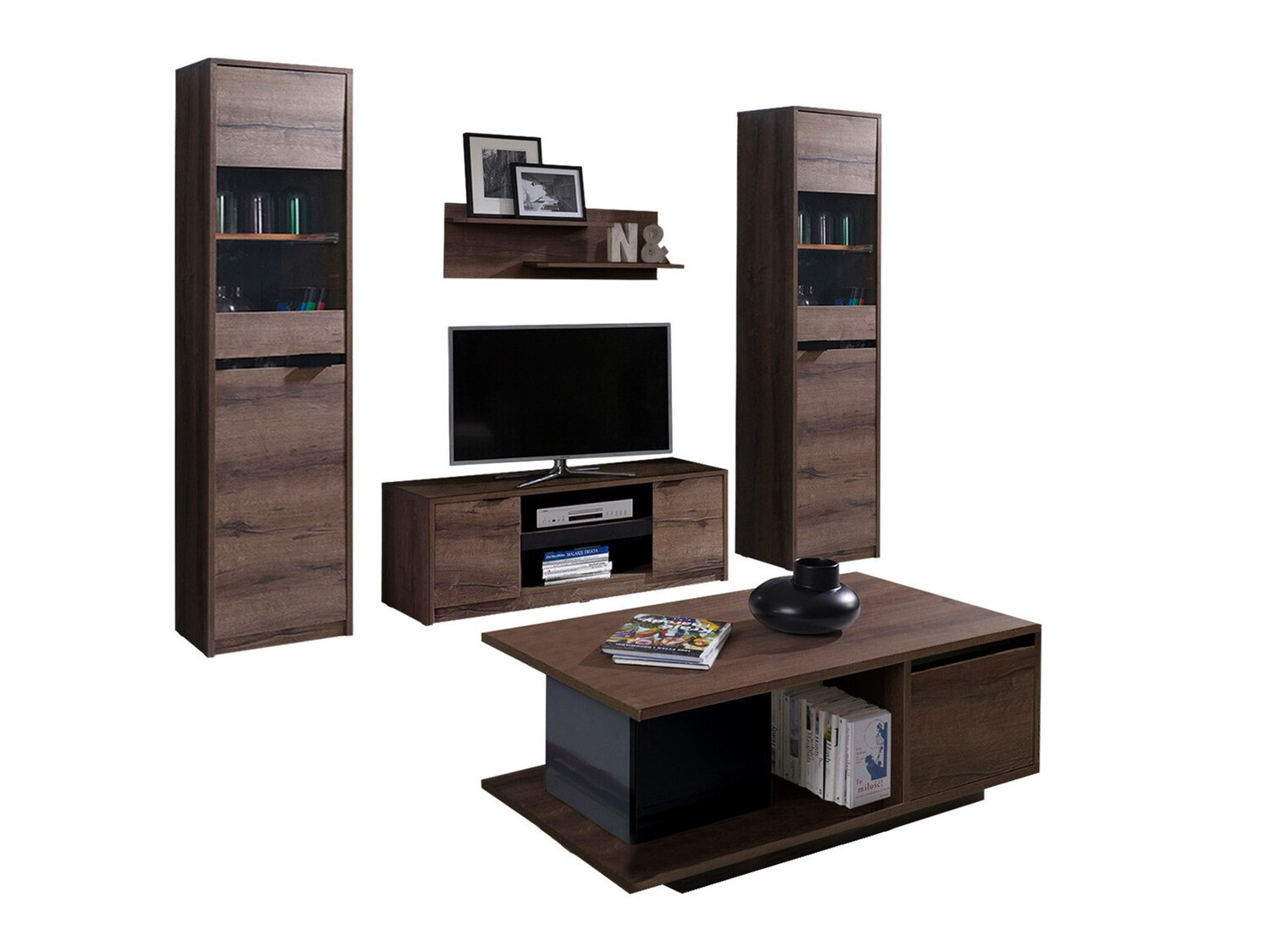 Set za dnevnu sobu Fivelbo 114 (Manastirski hrast + Sjajno crna)