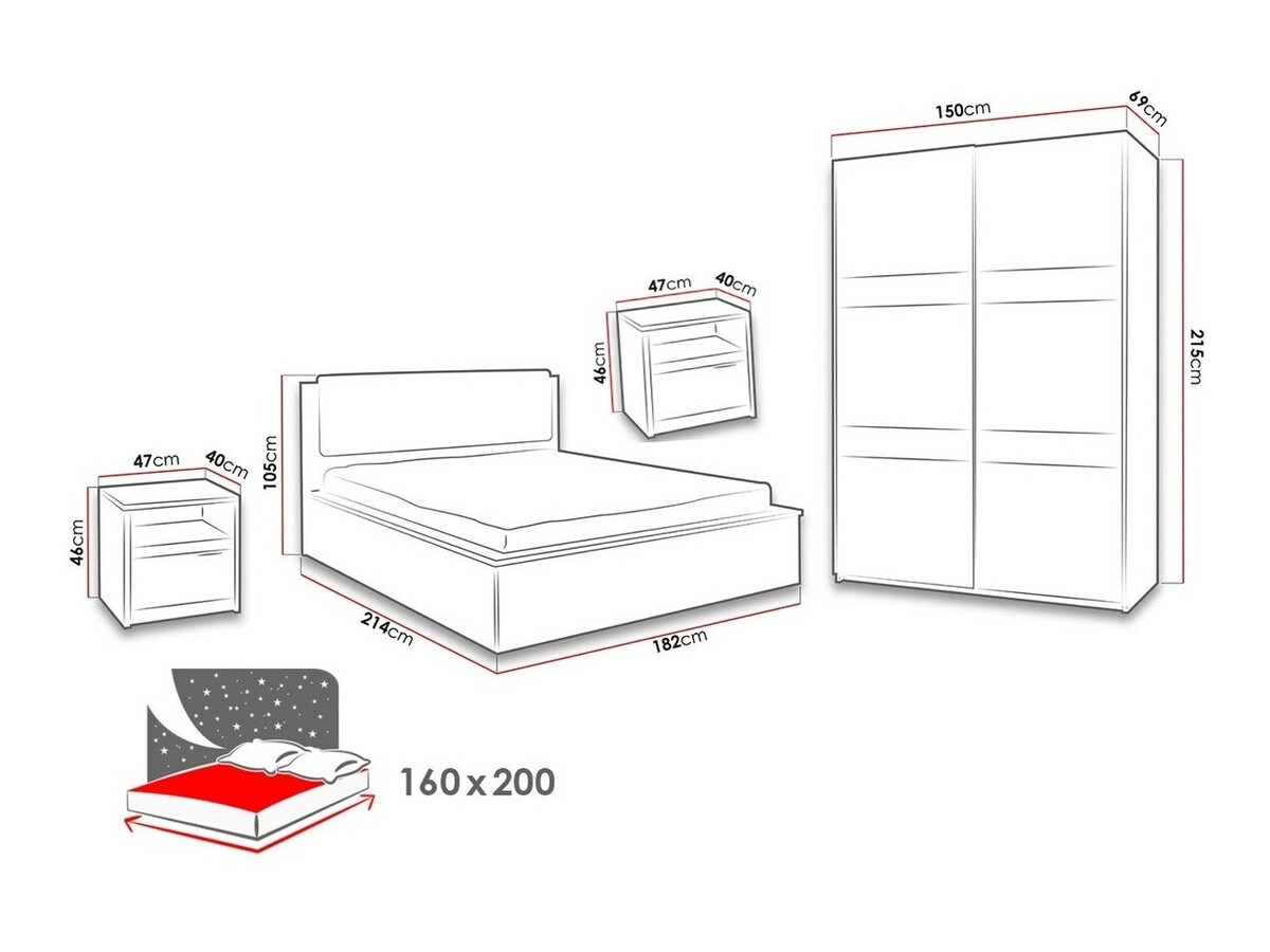 Set spavaća soba Fivelbo 119 (Manastirski hrast + Crna visoki sjaj)
