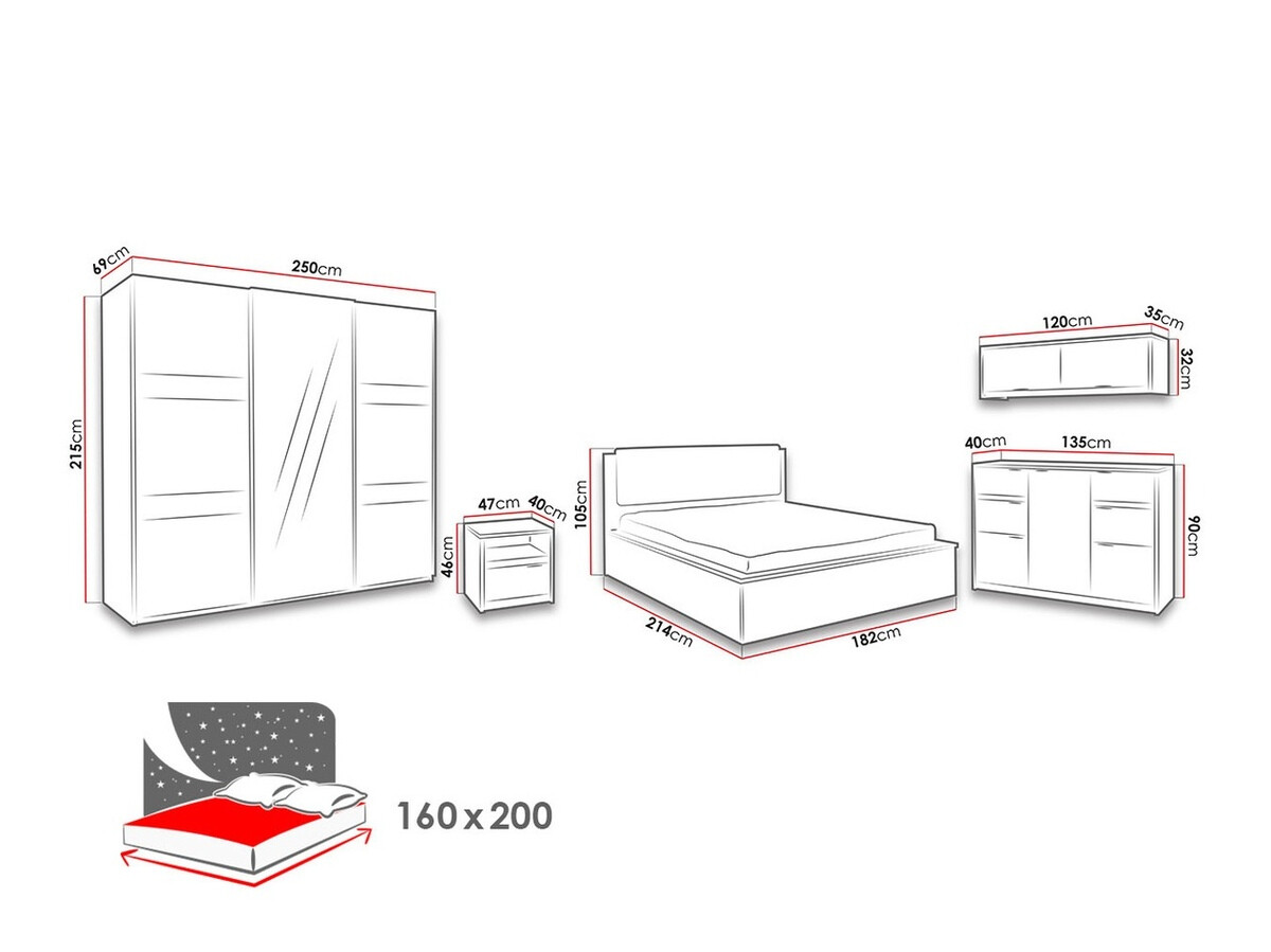 Set spavaća soba Fivelbo 120 (Manastirski hrast + Crna visoki sjaj)
