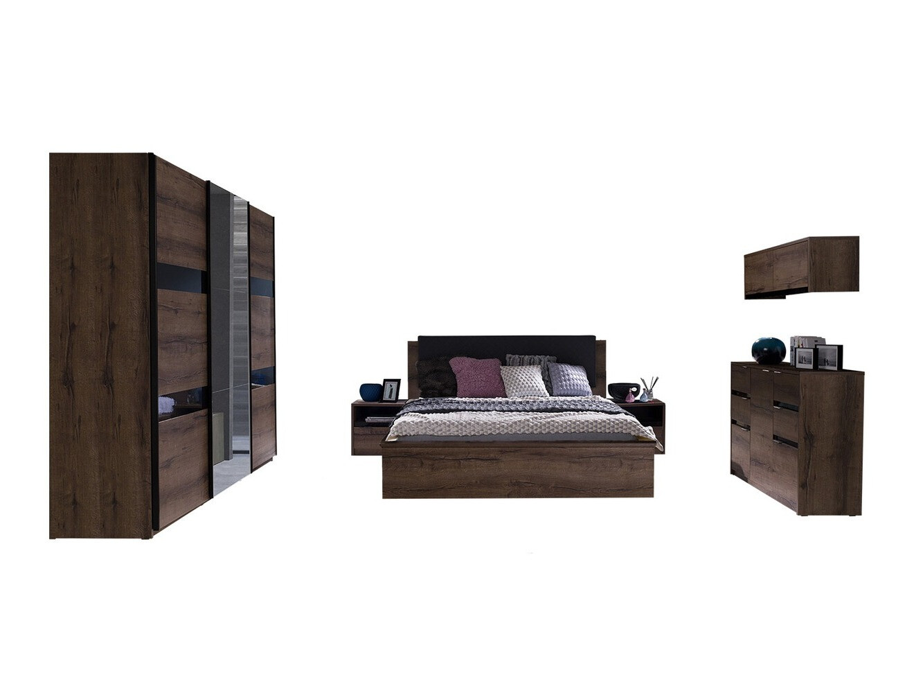 Set spavaća soba Fivelbo 120 (Manastirski hrast + Crna visoki sjaj)