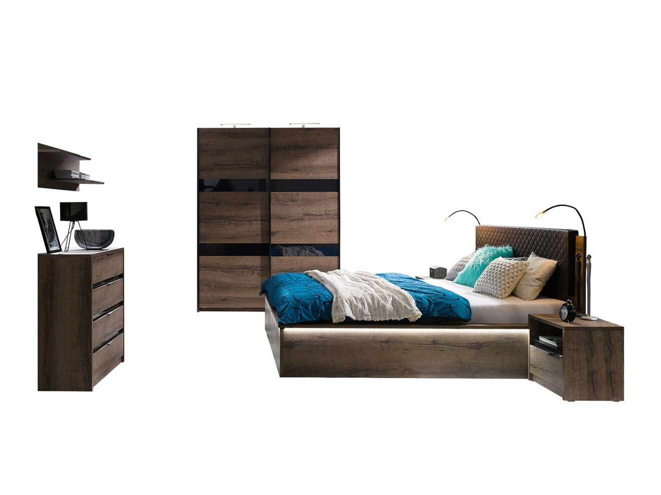 Set spavaća soba Fivelbo 121 (Manastirski hrast + Crna visoki sjaj)