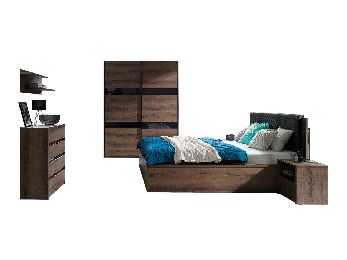 Set spavaća soba Fivelbo 121 (Manastirski hrast + Crna visoki sjaj)