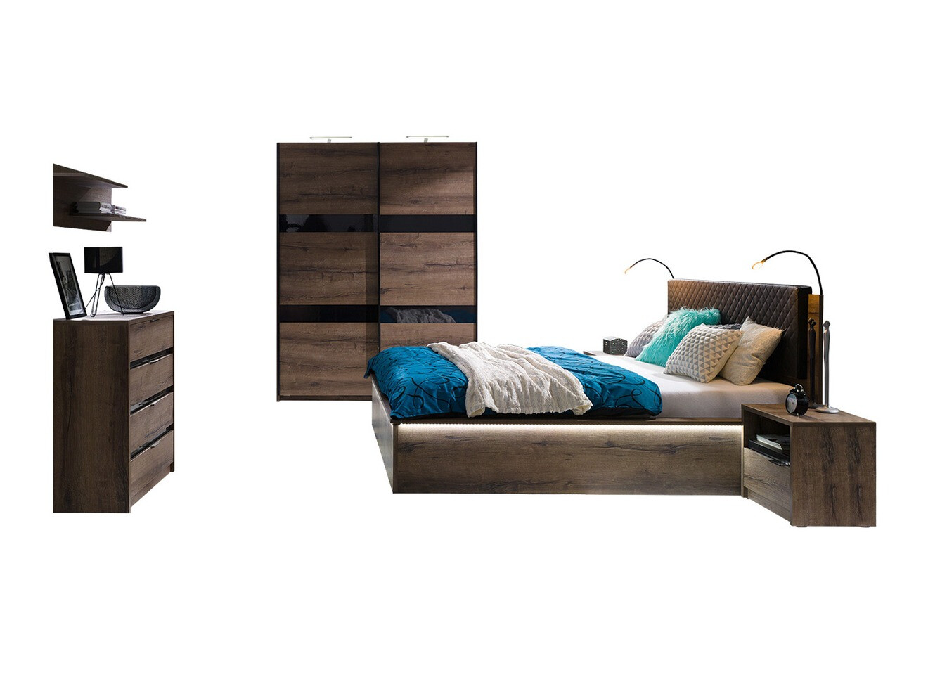 Set spavaća soba Fivelbo 121 (Manastirski hrast + Crna visoki sjaj)