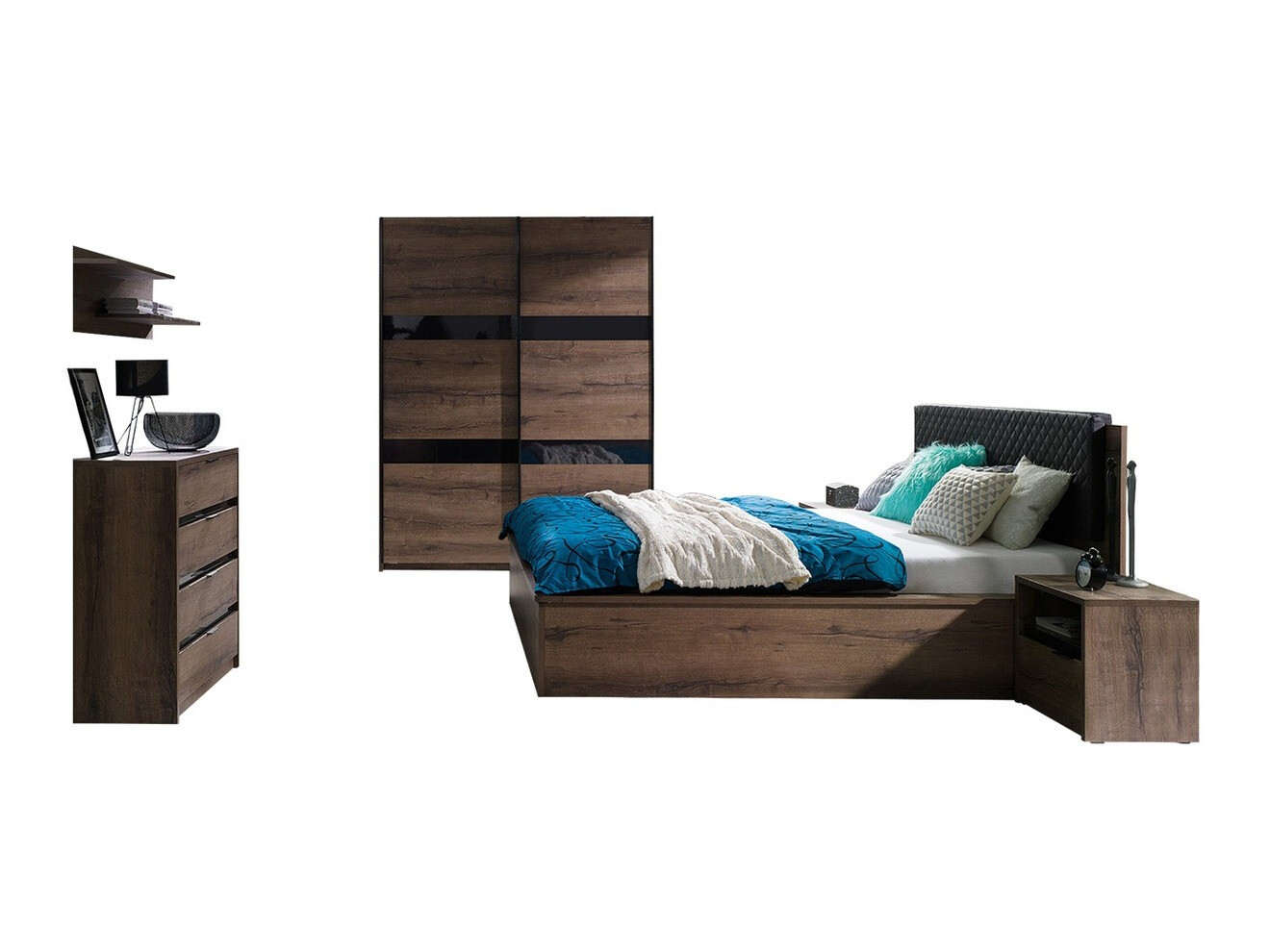 Set spavaća soba Fivelbo 121 (Manastirski hrast + Crna visoki sjaj)