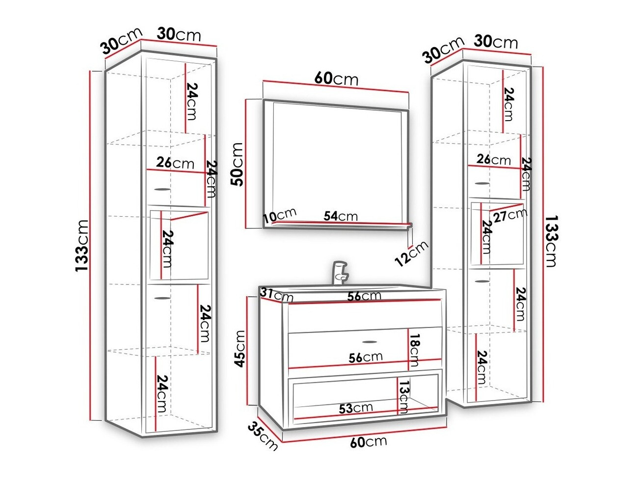 Set za kupatilo Baltesi 101 (Belo + Zanatski hrast)