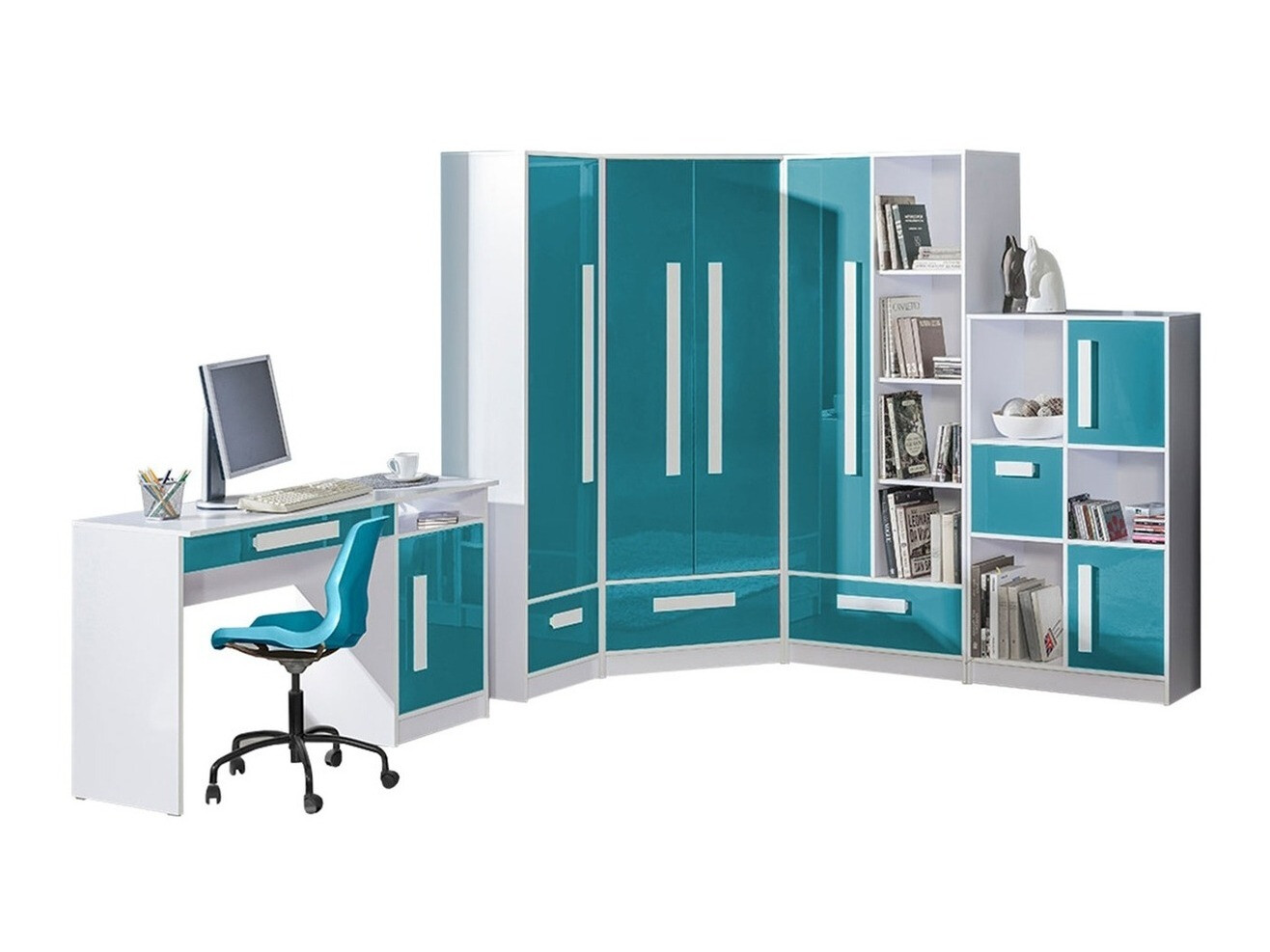 Dečija soba Merevari 107 (Belo + Sjajni Tirkizna)