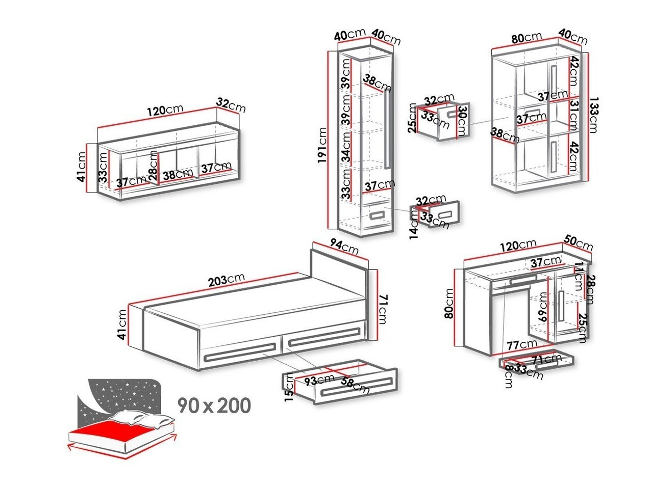 Dečija soba Merevari 108 (Belo + Sjajno belo + Sivo)