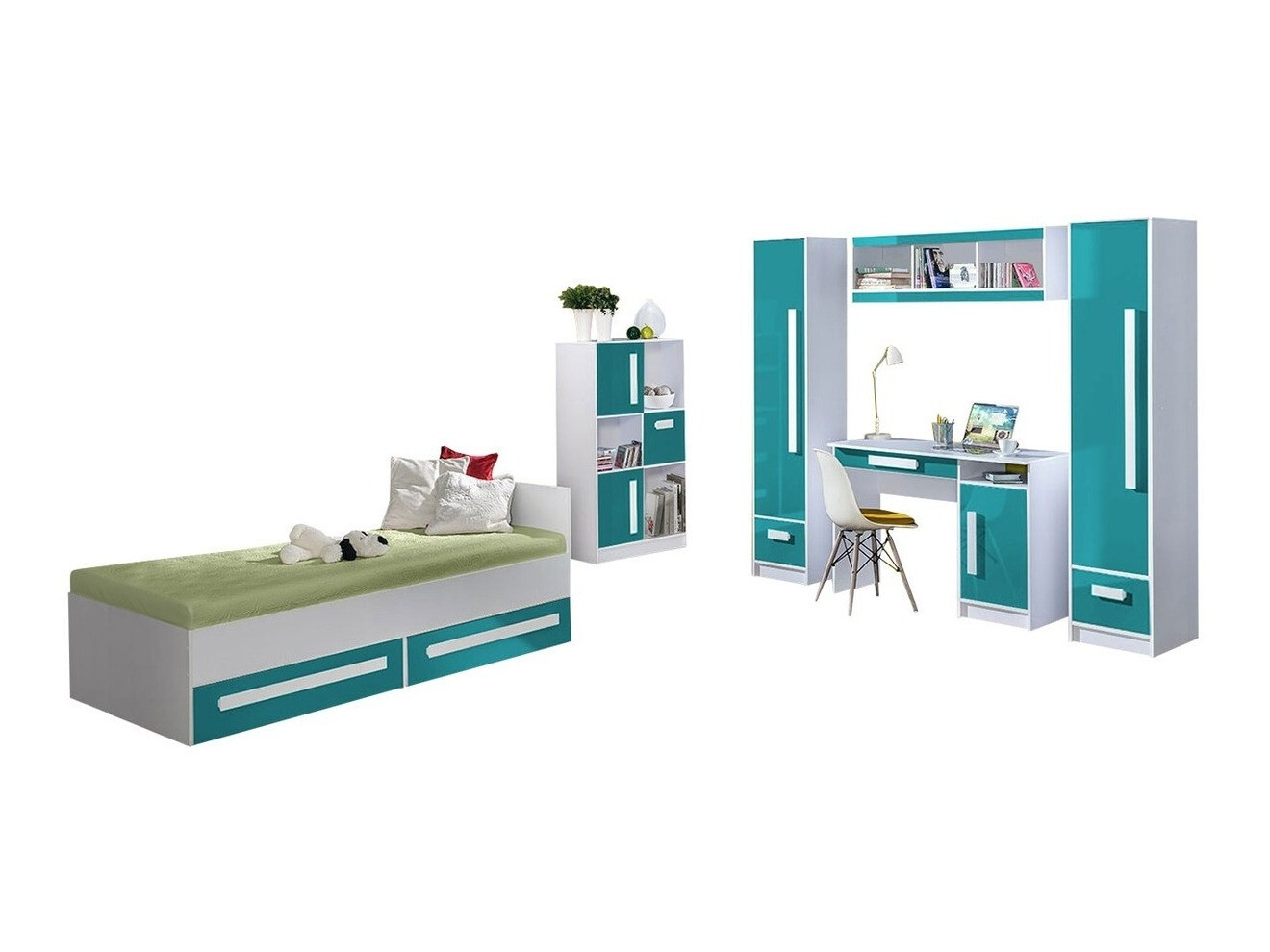 Dečija soba Merevari 108 (Belo + Visoki sjaj Tirkizna)